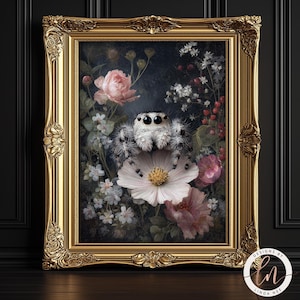 A framed painting depicting a spider sitting on a flower, surrounded by various flowers and foliage.