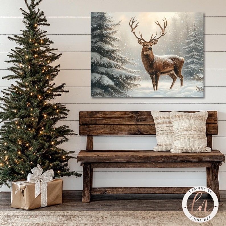 Snowy Forest Wall Art, Deer Painting Print, Christmas Decor, Rustic ...