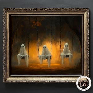 Ghosts on Swing Art Print, Moody Dark Academia Home Decor, Halloween Spooky Wall Art, Gothic Ghost, Horror, Vintage Painting, Fall 6-GOT061