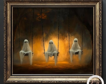 Puede incluir: Una obra de arte enmarcada representa tres figuras de fantasmas blancos en columpios. Los fantasmas tienen agujeros negros para los ojos y están cubiertos con tela blanca fluida. El fondo es una escena de bosque oscura y melancólica con un brillo anaranjado.