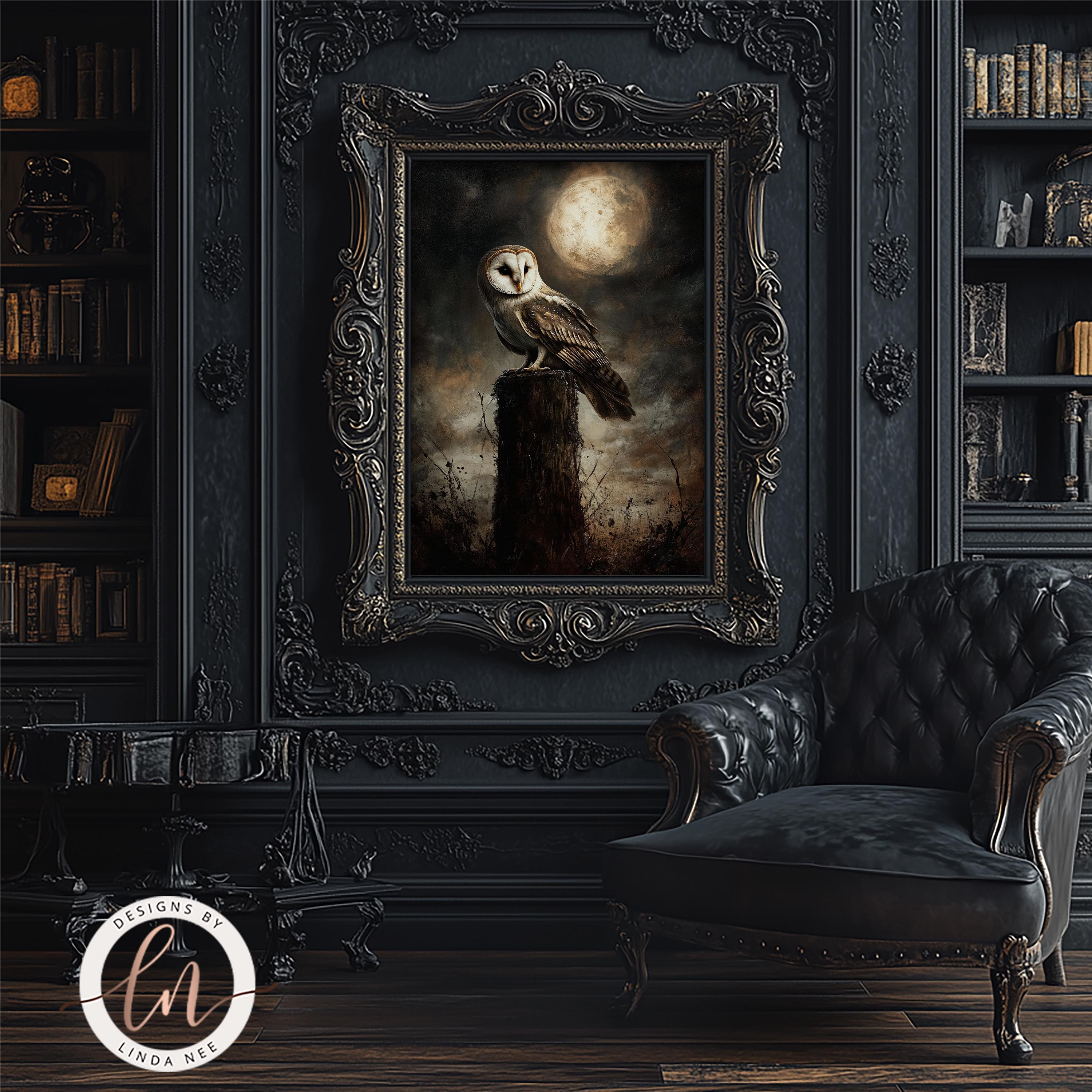 Dark Barn Owl Painting, Dark Academia Owl Wall Art Print, Rustic Dark ...