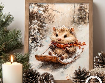 Hedgehog Wall Art, Cute Winter Woodland Animals, Christmas Hedgehog Painting Print, Vintage Christmas Decor, Rustic Metal Farmhouse 6-XMS084