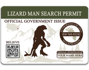 Lizard Man Search Permit, Swamp Cryptid License, Personalized Metal Wallet ID Card