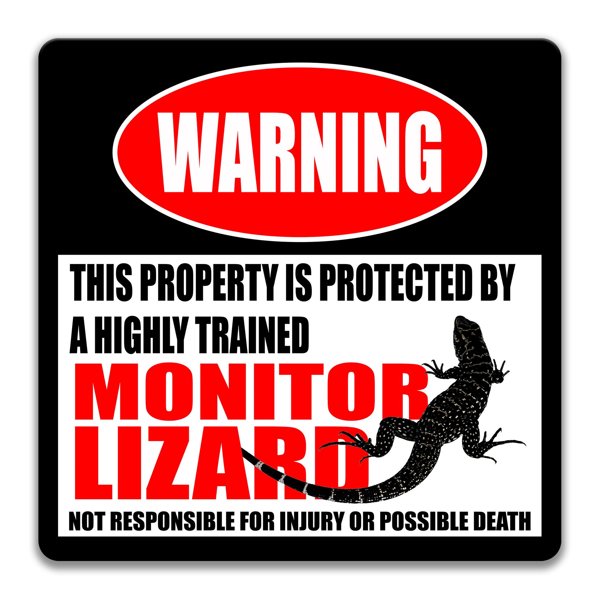 Funny Monitor Lizard Metal Sign, Highly Trained Reptile Warning Decor ...
