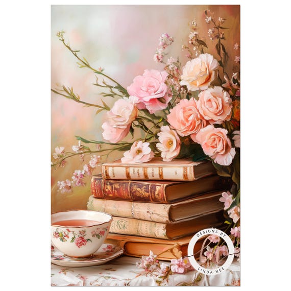 Spring Floral Stack of Books Print With Pink Roses, Romantic Jane