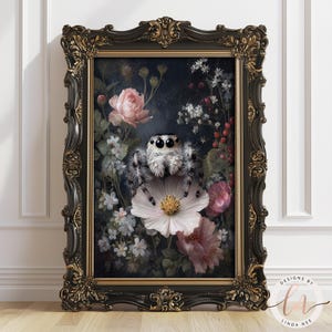 a painting of a spider sitting on a flower, surrounded by various flowers and plants. The painting is framed in an ornate, gilded frame and is displayed on a white wall.