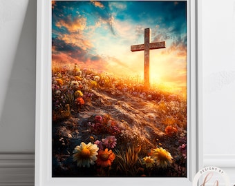 Easter Cross Fine Art, Wildflower Hillside Sunset Print, Inspirational Christian Decor