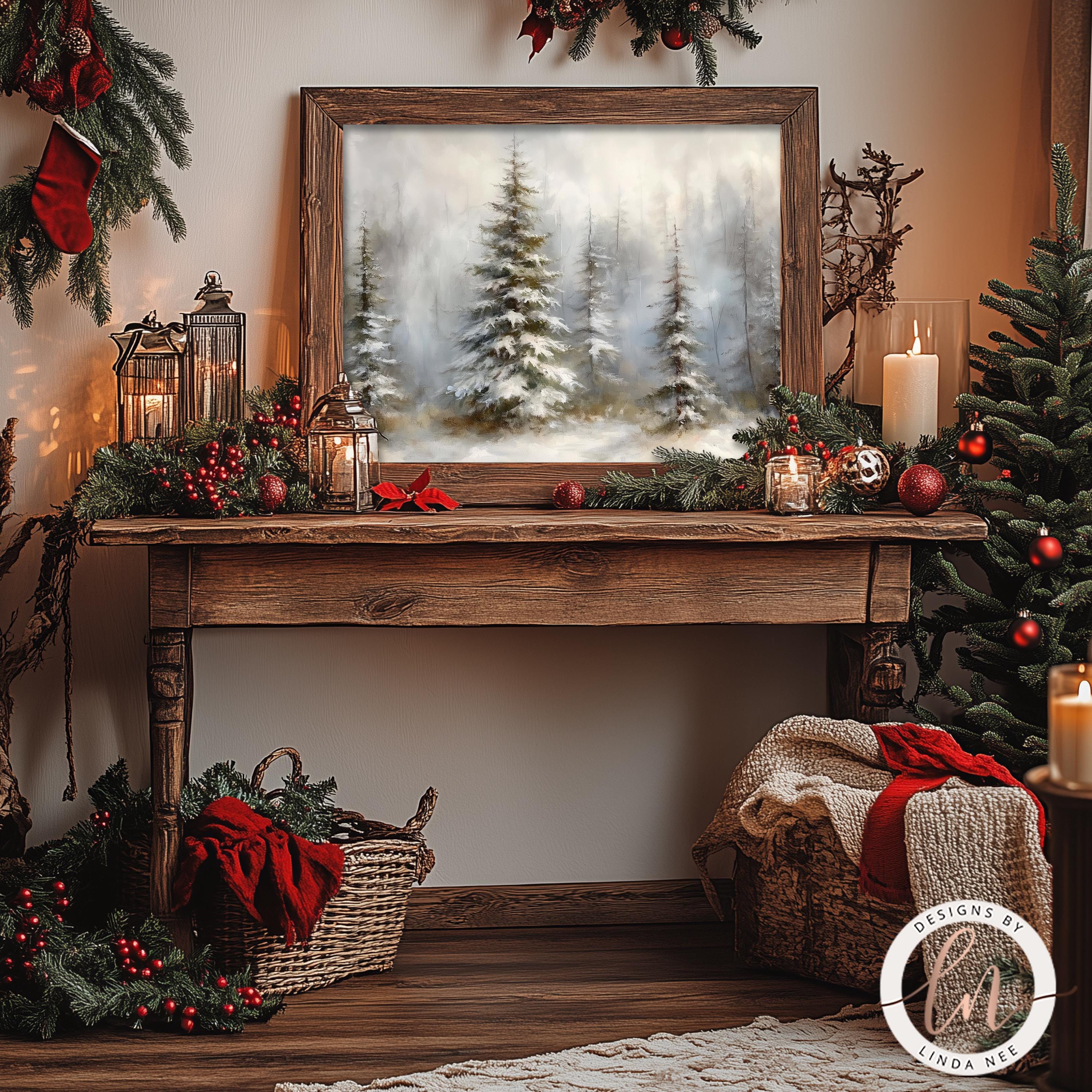 Pine Tree Wall Art Print, Christmas Decor, Vintage Snowy Winter Forest ...