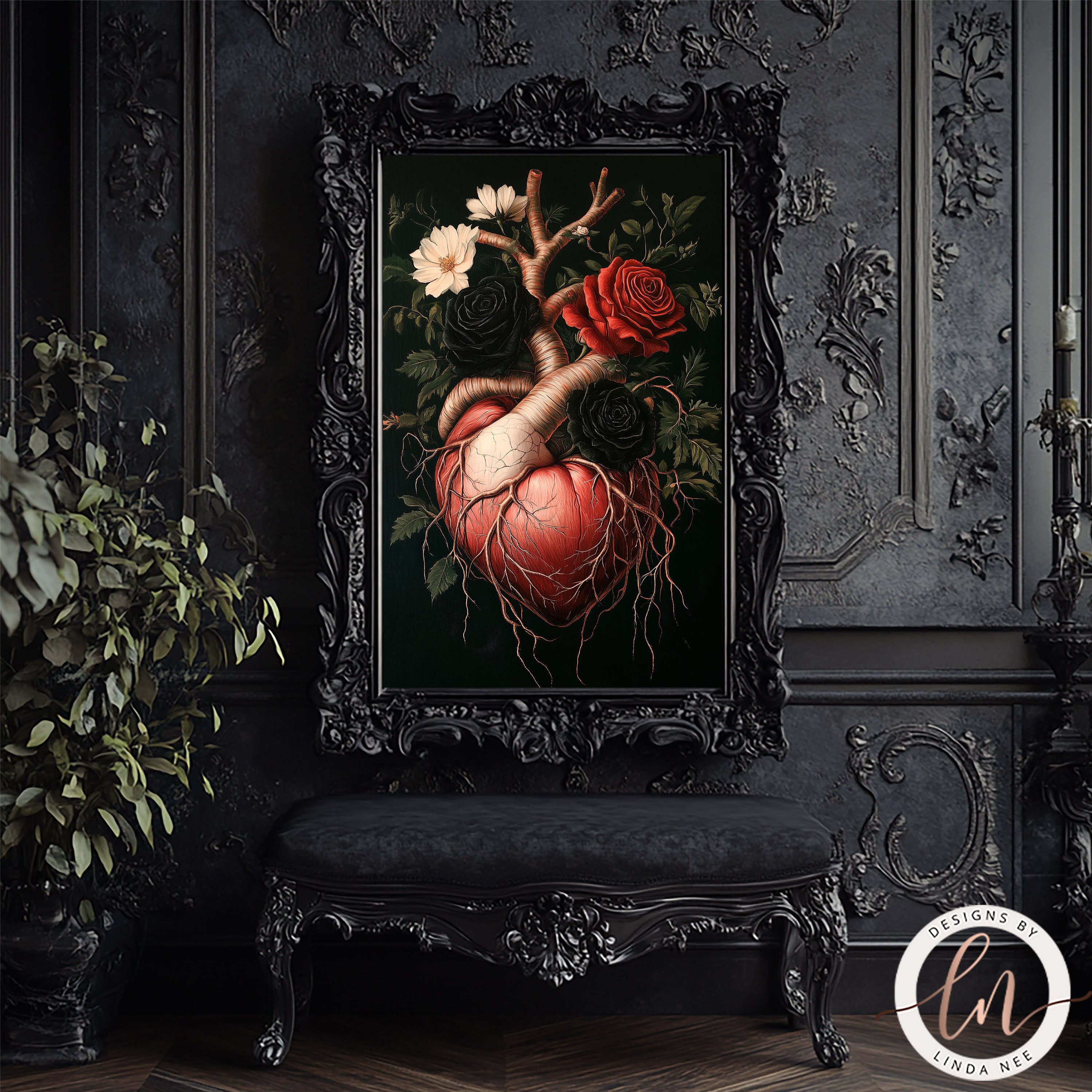 Floral Heart Anatomy, Dark Academia Wall Art Print, Human Anatomical ...