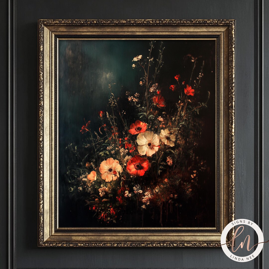 Dark Flower Painting, Moody Floral Wall Art, Dark Academia Print ...