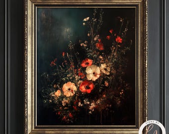 Dark Flower Painting, Moody Floral Wall Art, Dark Academia Print, Vintage Moody Painting, Victorian Wall Art, Antique Print 6-GOT044