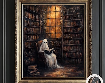 Impressão vintage de fantasma em biblioteca, estilo dark academia sombrio, pôster assustador, arte de parede gótica com fantasma lendo.