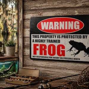Frog Warning Sign, Beware of Frog Sign, Bullfrog, Croaker, Polliwog, Sign for Pond, Lake House Decor, Wall Hanging, Amphibians 8-HIG234