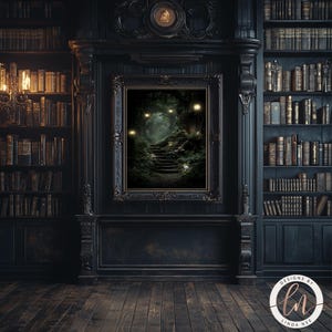 a dark, ornate room with a large bookshelf filled with books, a chandelier hanging from the ceiling, and a framed painting of a forest scene on the wall.