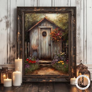 May include: A painting depicting a rustic wooden shed with a weathered door and a window. The shed is surrounded by a garden with flowers in shades of red, yellow, and purple. The painting is framed in a dark wood frame with a distressed finish.