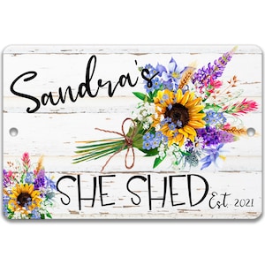 Letrero personalizado para caseta de jardín, letrero personalizado para caseta de jardín con ramo floral, regalo para caseta de jardín, linda decoración para caseta de jardinería, caseta de jardín F-SHE005