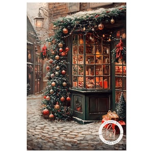 a painting of a christmas tree in front of a store