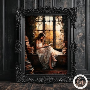Puede incluir: Una mujer con un vestido blanco se sienta junto a una ventana leyendo un libro. La ventana está rodeada de exuberante vegetación y la habitación está llena de pilas de libros. La imagen está pintada en un estilo realista con colores cálidos y acogedores.