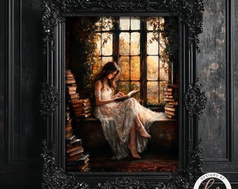 Vintage Victorian Woman Reading, Dark Academia Library Wall Art Print, Bookish Wall Art Print, Cottagecore, Moody Reading Nook Gift 6-GOT058