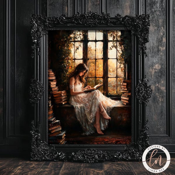 Vintage Victorian Woman Reading, Dark Academia Library Wall Art Print, Bookish Wall Art Print, Cottagecore, Moody Reading Nook Gift 6-GOT058