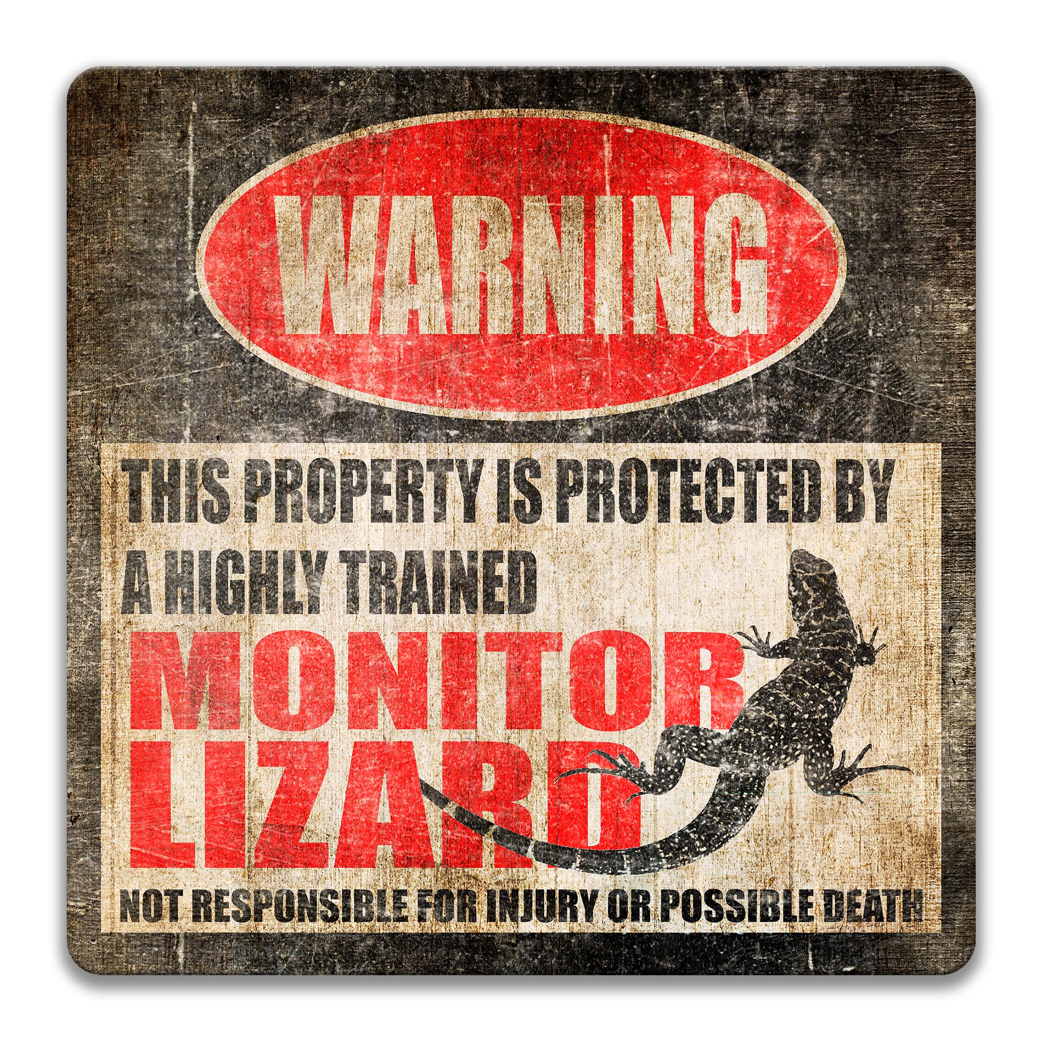 Funny Monitor Lizard Metal Sign, Highly Trained Reptile Warning Decor ...