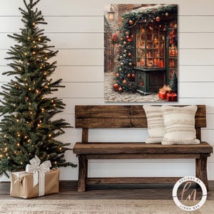 a wooden bench sitting next to a christmas tree