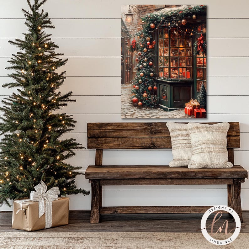 a wooden bench sitting next to a christmas tree