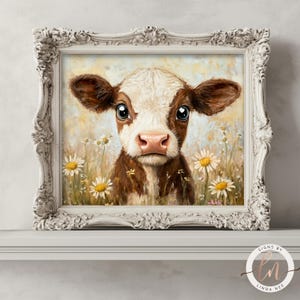 Adorable Baby Cow Wall Art, Rustic Farmhouse Calf Oil Painting, Vintage Cow Print, Highland Cow Nursery Decor, Cute Barnyard Print 6-SPR012