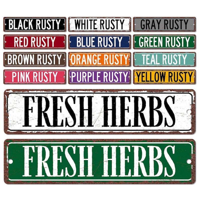 a collection of rustic-style signs with the text "FRESH HERBS" printed on them. The signs come in various colors and styles, including black, white, red, blue, green, brown, orange, teal, and yellow.