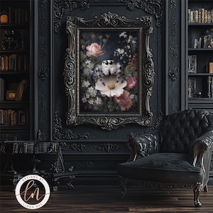 a dark, ornate room with a large, ornate painting of a spider surrounded by flowers hanging on the wall. In the foreground, there is a black leather armchair, and a bookshelf filled with books can be seen in the background.