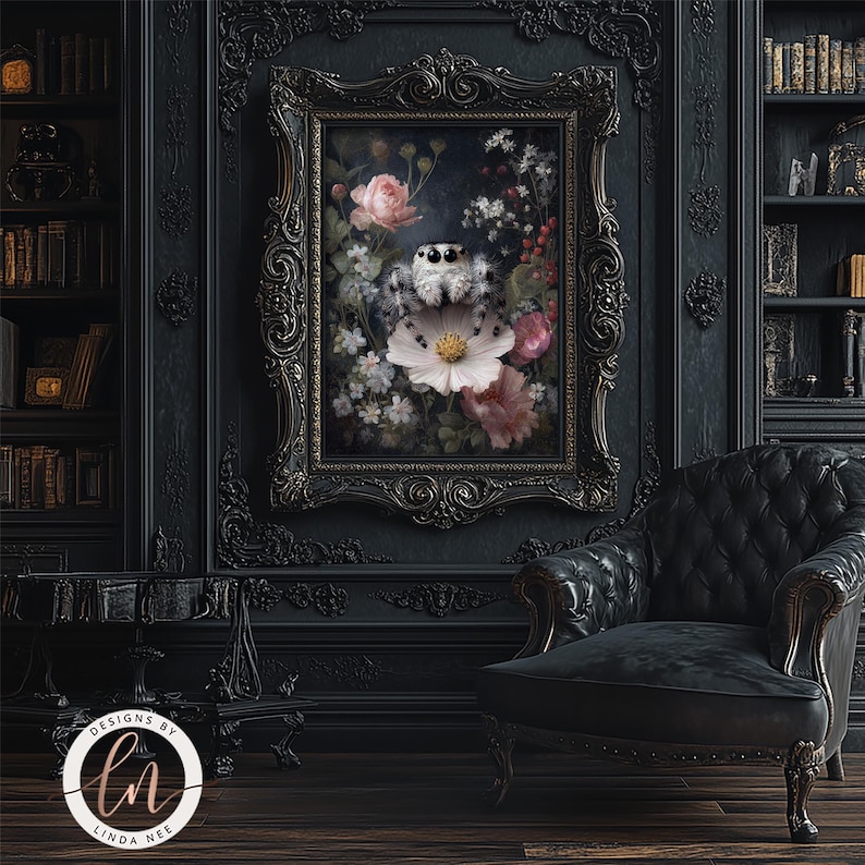 a dark, ornate room with a large, ornate painting of a spider surrounded by flowers hanging on the wall. In the foreground, there is a black leather armchair, and a bookshelf filled with books can be seen in the background.