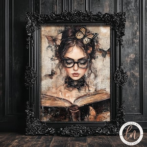 May include: A painting of a woman with brown hair and eyes, wearing a black choker and reading a book. She is surrounded by butterflies and the background is a vintage, textured page.