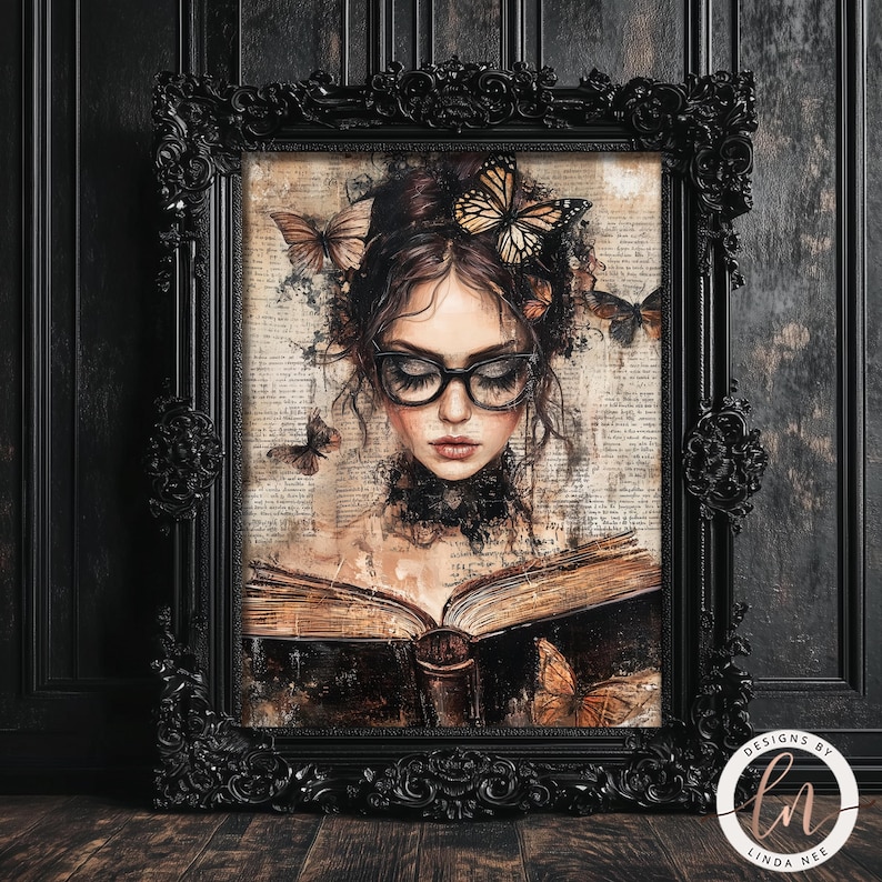 May include: A painting of a woman with brown hair and eyes, wearing a black choker and reading a book. She is surrounded by butterflies and the background is a vintage, textured page.
