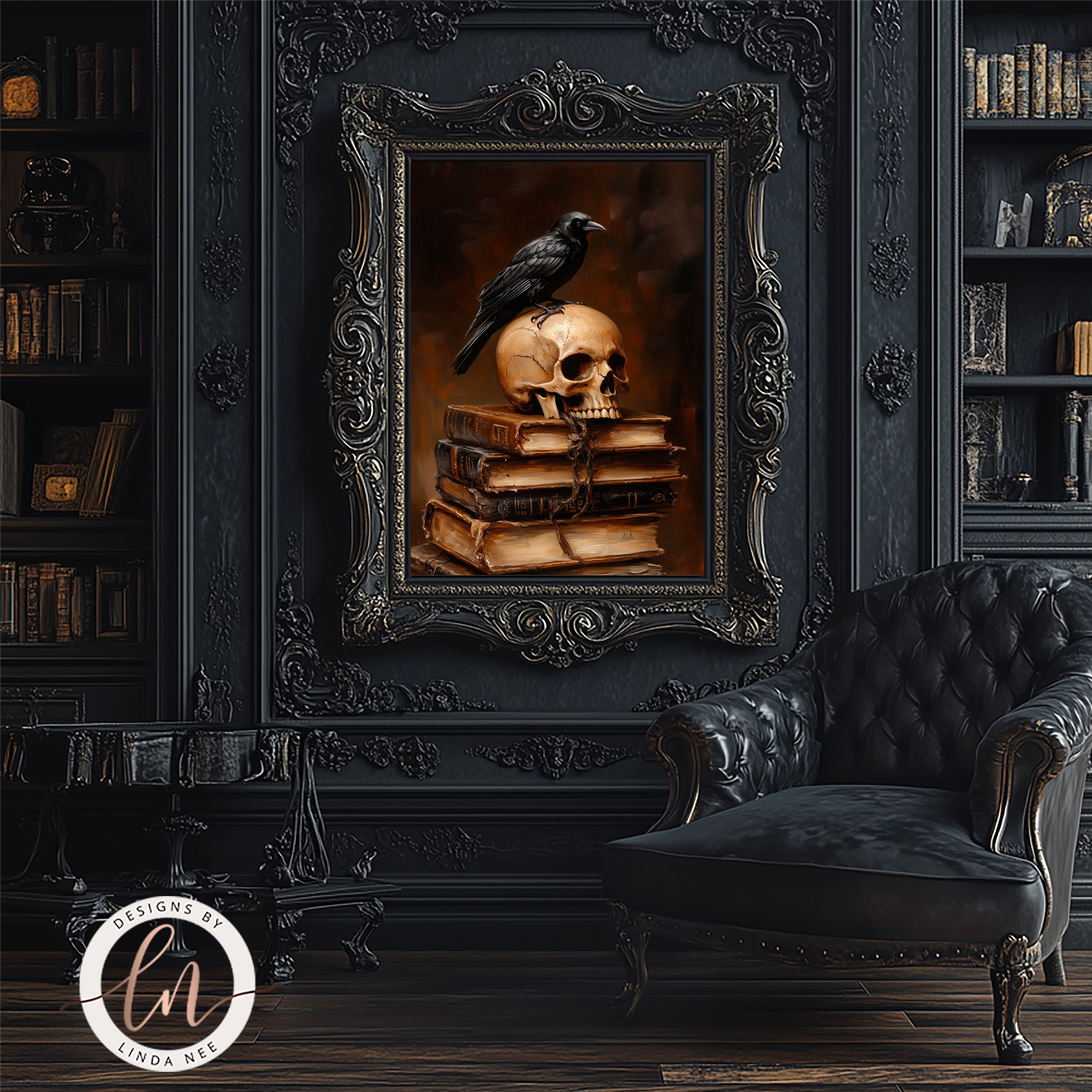 Gothic Raven and Skulls on Books, Dark Academia Library Wall Art Print ...