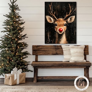 a painting of a deer with a red nose sitting on a bench next to a