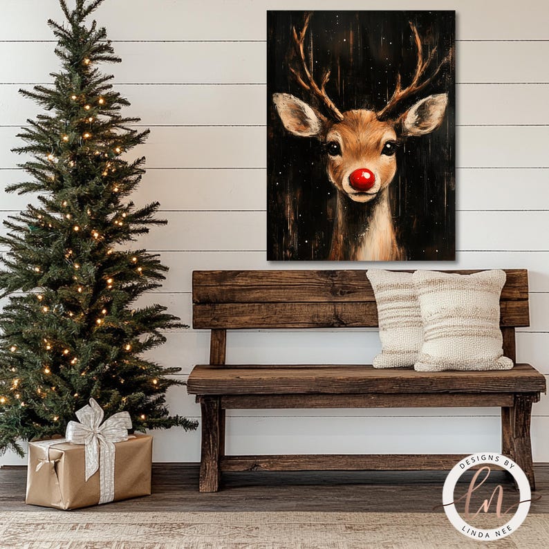 a painting of a deer with a red nose sitting on a bench next to a