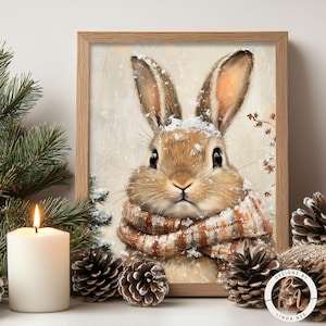 Bunny Prints, Winter Bunny Wall Art, Cute Woodland Animals, Bunny Painting, Nursery Decor, Vintage Poster, Boho, Cute Farmhouse Art 6-XMS092