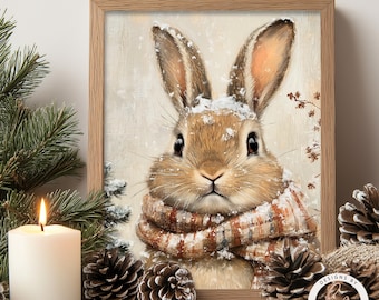 Bunny Prints, Winter Bunny Wall Art, Cute Woodland Animals, Bunny Painting, Nursery Decor, Vintage Poster, Boho, Cute Farmhouse Art 6-XMS092
