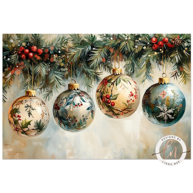 a painting of three christmas ornaments hanging from a tree