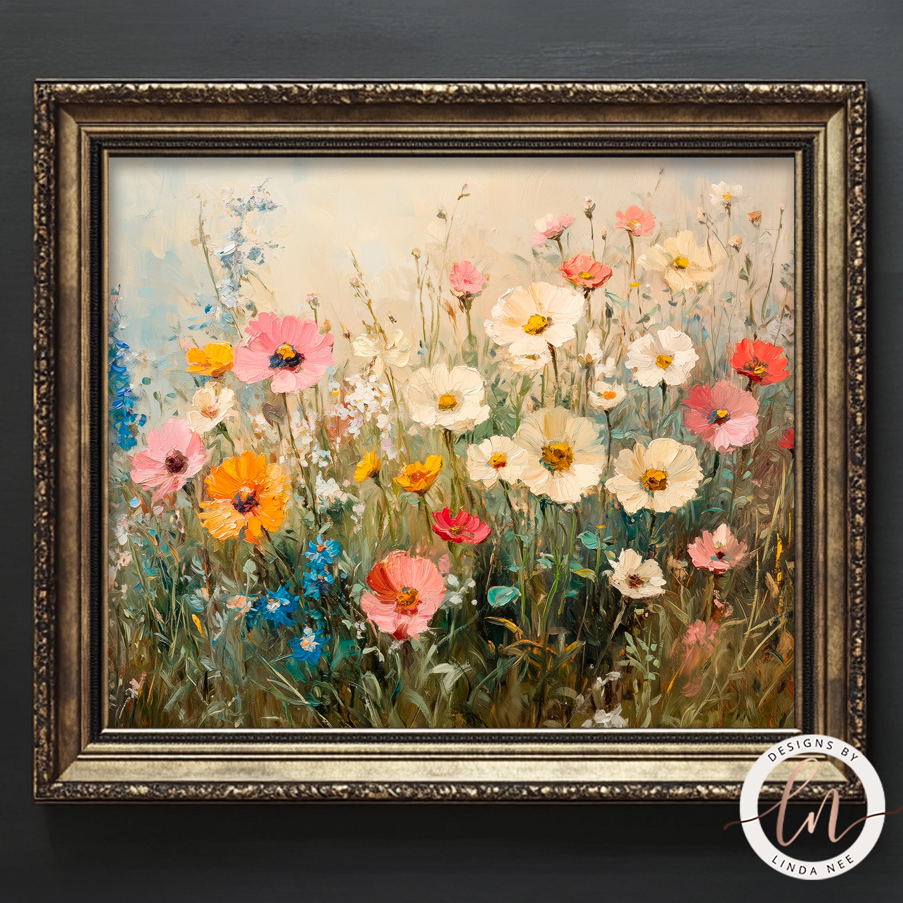 Wildflower Field Wall Art, Vintage Botanical Landscape Sign, Floral ...
