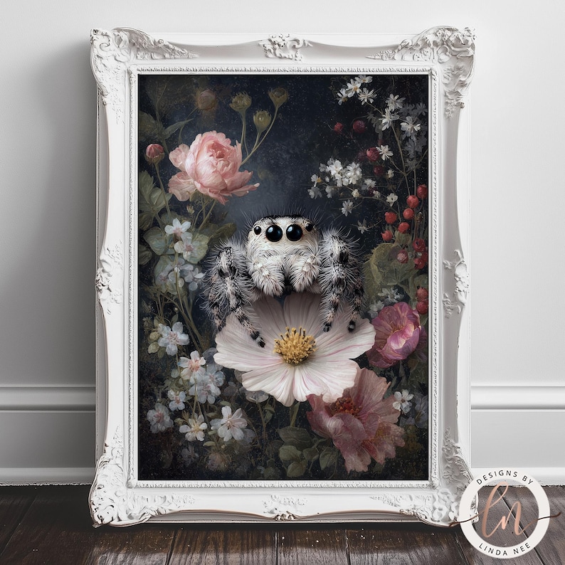 A framed painting depicting a spider sitting on a flower surrounded by various flowers and plants.