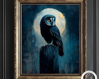 Black Barn Owl Painting, Dark Academia MidnightOwl Wall Art Print, Gothic Nocturnal Bird, Celestial Owl Under Moon