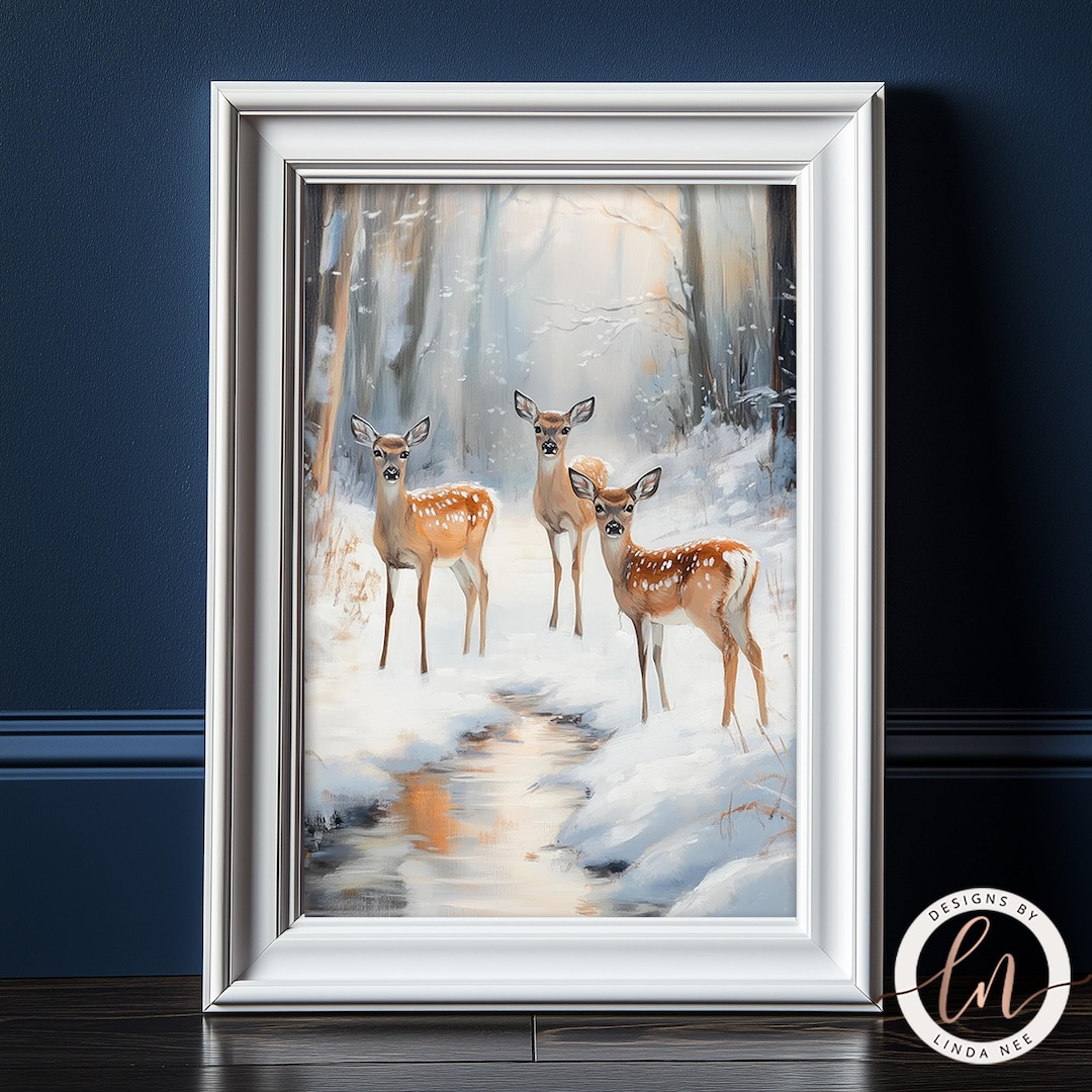 Snowy Forest Wall Art, Deer Painting Print, Christmas Decor, Rustic ...