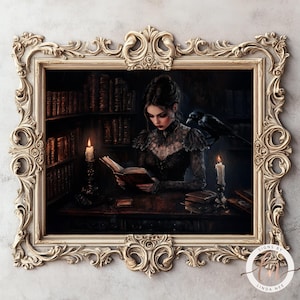 May include: A woman in a black dress sits in a dimly lit room, reading a book by candlelight. A raven perches on a shelf behind her, and books line the walls. The image is framed in a ornate gold frame.