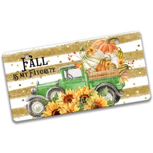 Herfst is mijn favoriet, bord vrachtwagen vol pompoenen en zonnebloemen, groene pick-up, deurhanger herfst, bord herfstveranda, krans X-FAL012