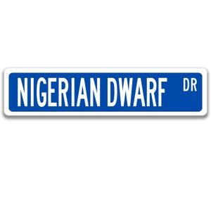 May include: Blue street sign with white text that reads "Nigerian Dwarf Dr."