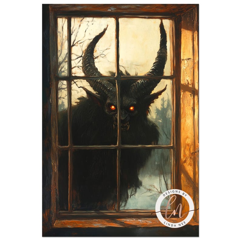 a painting of a demon looking through a window