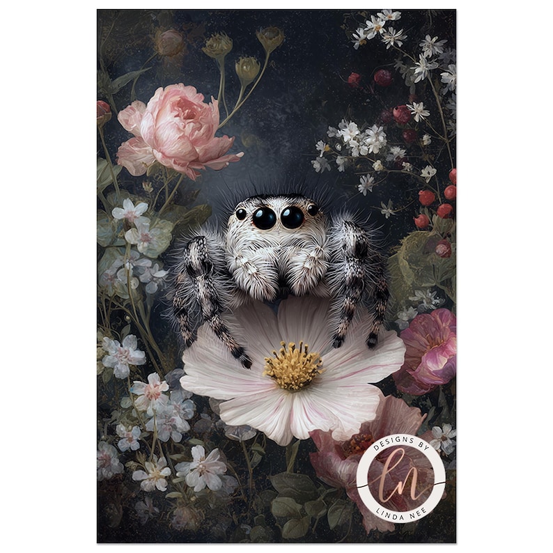 A close-up of a spider with large eyes and hairy legs, surrounded by a variety of colorful flowers and foliage against a dark background.