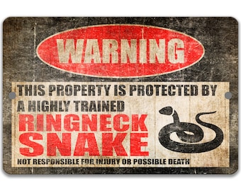 Ringneck Snake Metal Warning Sign, Highly Trained Reptile Room Wall Decor