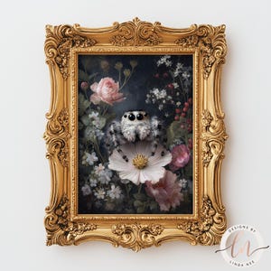 a painting of a spider sitting on a flower, surrounded by a lush floral background.